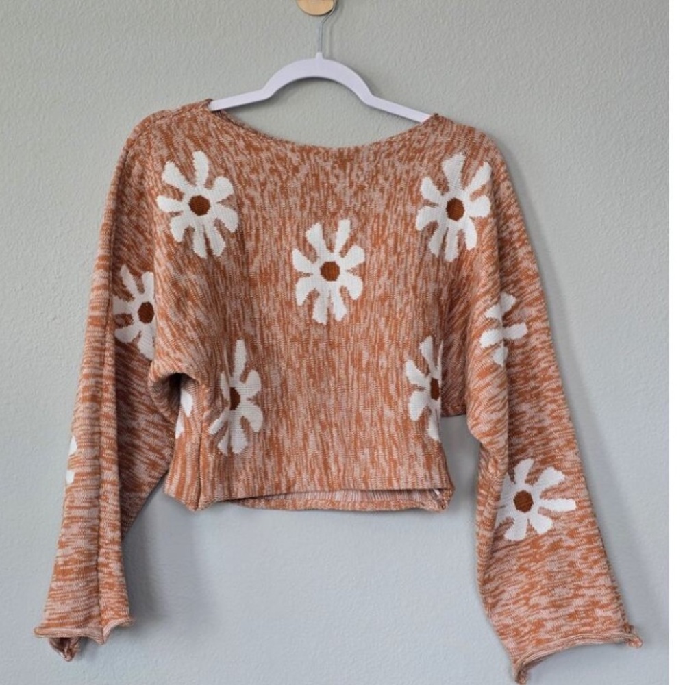 Boho Daisy Floral Cropped Sweater Orange White Retro Knit M - Picture 4 of 5